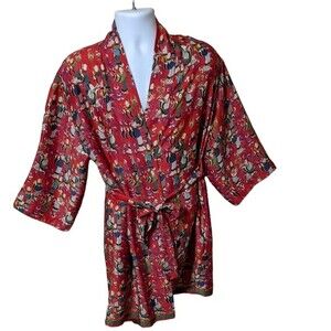 Josie Natori red novelty print belted kimono robe house coat, night wear size S